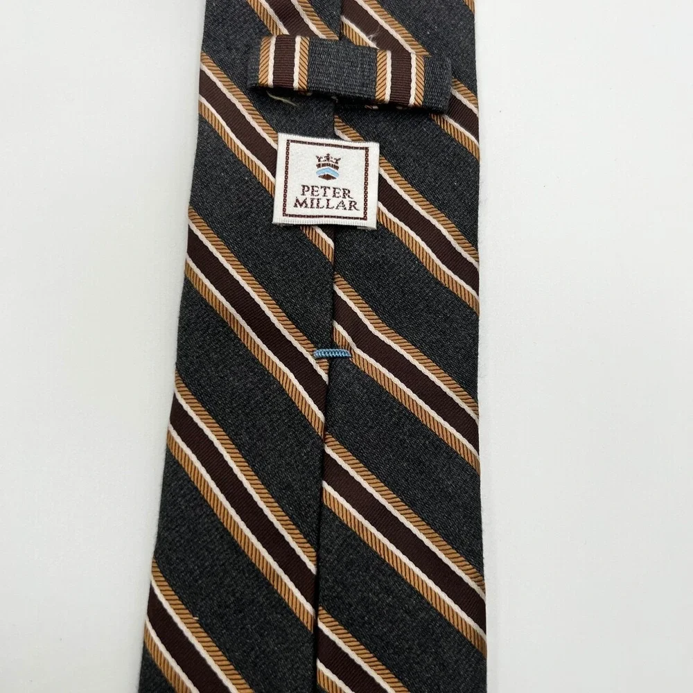 Peter Millar Ties Mens OS Gray Brown Excellent Hand‎ Folded Striped Silk